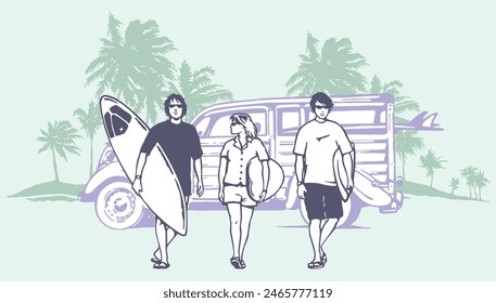 Illustration in simple, laid-back lines of a group of surfers in a composition with an old car and coconut trees.