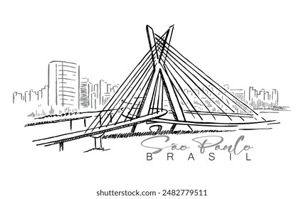 Illustration with simple, laid-back lines of the urban landscape of the city of São Paulo, Brazil. Art with a view of the Estaiada bridge with buildings in the background.