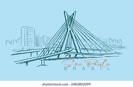 Illustration with simple, laid-back lines of the urban landscape of the city of São Paulo, Brazil. Art with a view of the Estaiada bridge with buildings in the background.