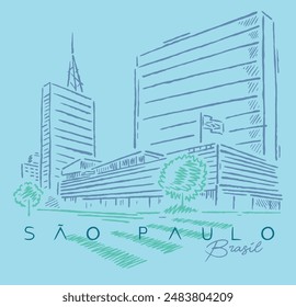  Illustration with simple, laid-back lines of the urban landscape of the city of São Paulo, Brazil.