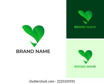 ILLUSTRATION SIMPLE LEAF ISOLATED WITH LOVE, HEART GRADIENT GREEN COLOR LOGO ICON DESIGN VECTOR TEMPLATE