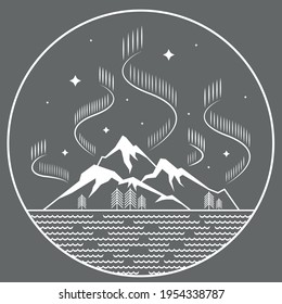 Illustration of simple line art landscape with mountains and water waves at night with northern lights in a circle frame
