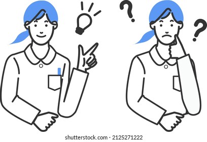 Illustration of a simple line drawing on a white background with variations in facial expressions of a young female nurse wearing cute Asian nurse clothes with hair tied