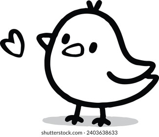 Ilustración del dibujo de líneas simples de pájaro pequeño y corazón
