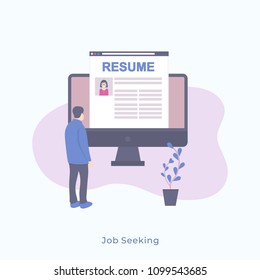 Illustration of a Simple Man Standing Backwards and Looking at Monitor with Resume. Vector Male Character Business Concept for Web Banners. Job Seeking Concept