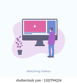 Illustration of a Simple Man Standing Backwards and Looking at Monitor and Watching Videos. Vector Male Character Business Concept for Web Banners