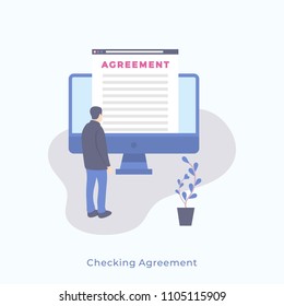 Illustration of a Simple Man Standing Backwards and Looking at Monitor with Agreement. Vector Male Character Business Concept for Web Banners. Reading Agreement Concept