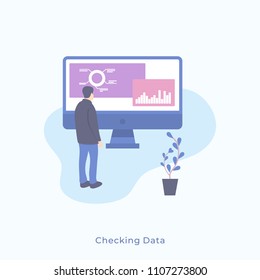 Illustration of a Simple Man Standing Backwards and Looking at Monitor with Analytics. Vector Male Character Business Concept for Web Banners. Checking Data Concept