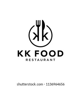 Illustration simple modern initial KK symbol with fork and knife in the middle logo design