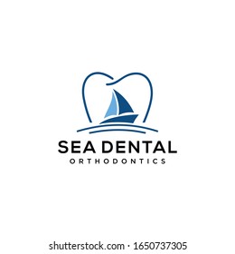 Illustration Simple modern Sailboat dhow ship with dental sign logo design 
