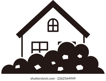 Illustration of a simple monochrome house and a disaster Landslide disaster