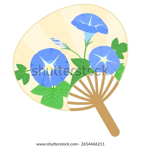 Illustration of a simple morning glory pattern fan,colour,no lines.