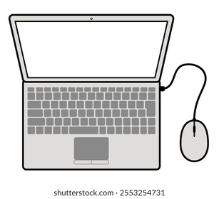 Illustration of a simple open laptop with mouse, seen from above