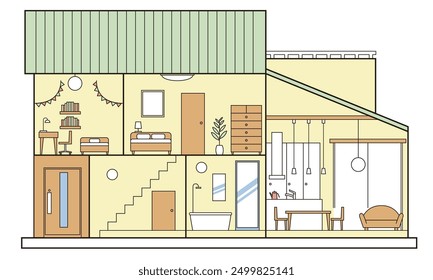 Illustration of a simple open-ceiling house, detached house, and cross-section of a house, 2 floors, white background