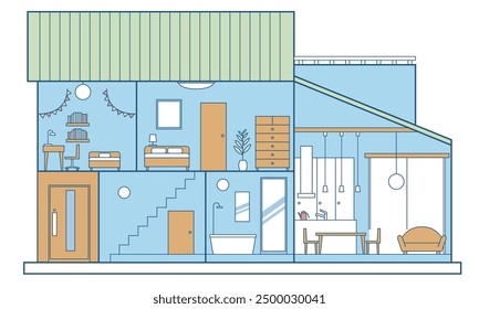 Illustration of a simple open-ceiling house, detached house, and cross-section of a house, 2 floors, white background