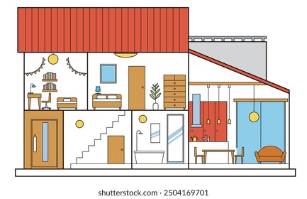 Illustration of a simple open-ceiling house, detached house, and cross-section of a house, 2 floors, white background