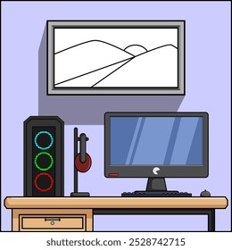 illustration of a simple PC set up on a table and a painting of a pair of mountains stuck to the wall