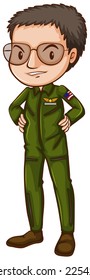 Illustration of a simple pilot in green uniform on a white background 