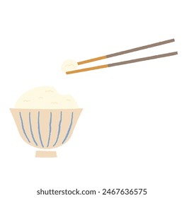 Illustration of simple rice bowl and white rice scooped with chopsticks flat vector isolated on white background