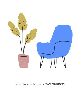 An illustration of a simple room setting featuring a comfortable blue chair and a potted plant. Perfect for design projects and creating relaxing atmospheres.