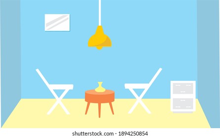 ilustración de una habitación sencilla.
sólo hay mesas, sillas y armarios
