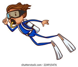 Illustration of a simple sketch of a boy scuba diving on a white background    