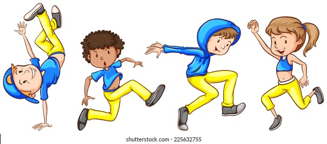 Illustration of a simple sketch of a group of dancers on a white background 