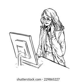 Illustration of a simple sketch of a happy office worker on a white background
