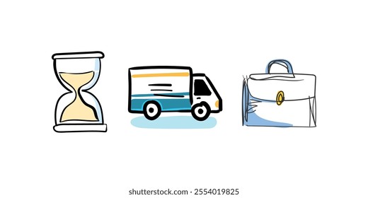 Illustration of simple sketch icons: hourglass, delivery truck, briefcase.

