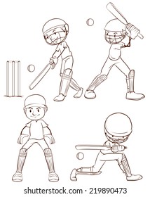 Illustration of a simple sketch of the men playing cricket on a white background 