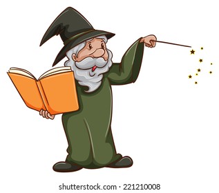 Illustration of a simple sketch of an old wizard on a white background  