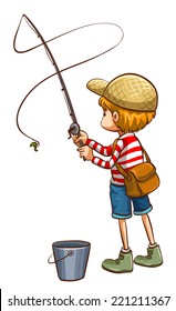 Illustration Of A Simple Sketch Of A Young Boy Fishing On A White Background  