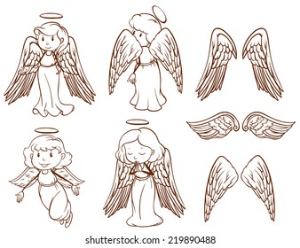 Illustration of the simple sketches of angels and their wings on a white background 