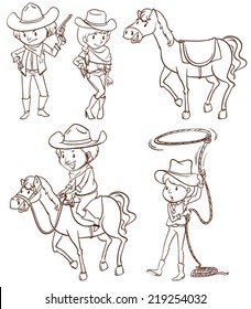 Illustration of the simple sketches of a cowboy on a white background 