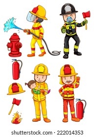 Illustration of the simple sketches of the firemen on a white background 