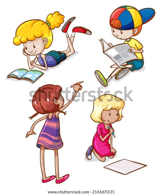 Illustration Simple Sketches Kids Reading Writing Stock Vector (Royalty ...