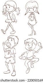 Illustration of the simple sketches of kids taking their snacks on a white background  