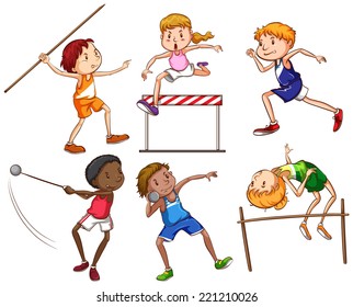 Illustration of the simple sketches of people engaging in different sports on a white background  