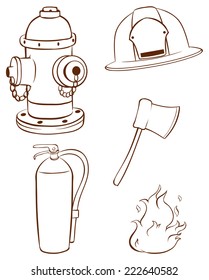 Illustration der einfachen Skizzen der Dinge, die ein Feuerwehrmann auf weißem Hintergrund verwendet  