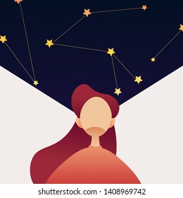 Illustration in simple style with girl looking looking at the starry sky
