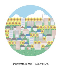 An illustration of a simple summer cityscape in a circle. A lively version.