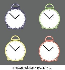 Illustration of simple table alarm clock icons in 4 different colours