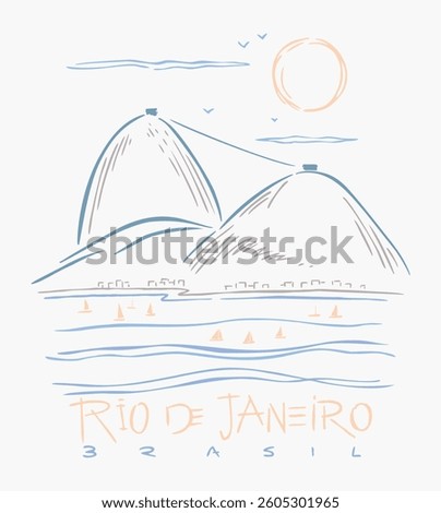 Illustration in simple and uncluttered lines of a landscape of the city of Rio de Janeiro, Brazil.