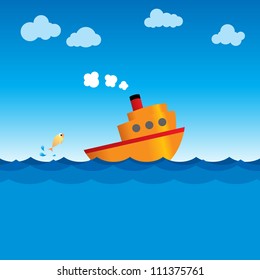 Illustration of a simple vector ship steaming through the ocean.