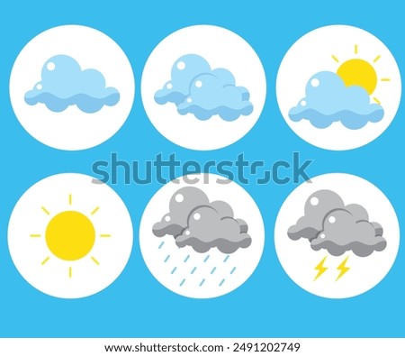 Illustration of simple weather icon set. Cloudy, windy, summer, rainy, thunders. Vector of weather icon set for design, website, poster, presentation.