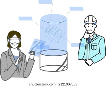 Illustration of a simple white background line drawing of a business-style woman wearing a jacket and a designer-style man wearing a helmet to consult the floor plan of a building using VR