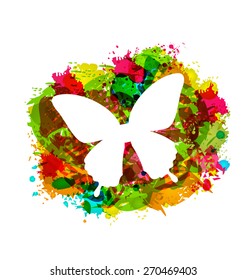 Illustration Simple White Butterfly on Colorful Grunge Damage Frame - Vector