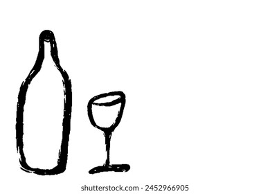 Ilustración de botella de vino simple y copa de vino dibujado por cepillo.