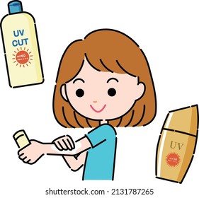 Illustration of a simple woman applying sunscreen