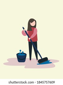 illustration simple of a woman mopping the floor, water, mop